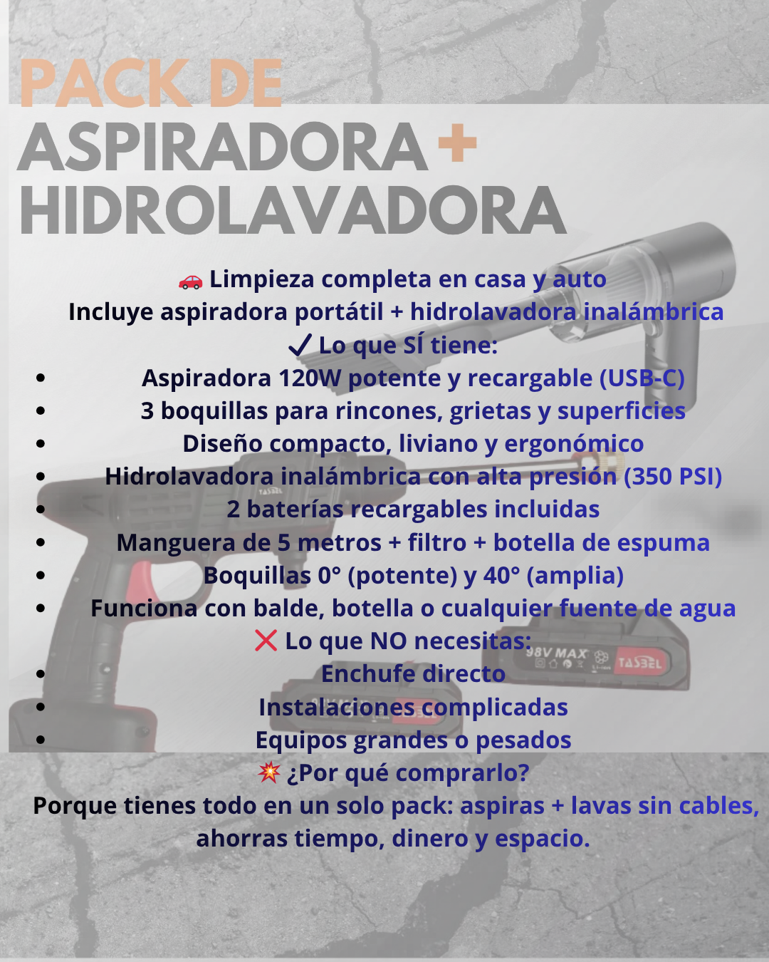 Limpia tu auto en casa en minutos sin gastar en lavaderos 🚗💦 Kit 2 en 1 portátil (hidrolavadora + aspiradora) sin cables